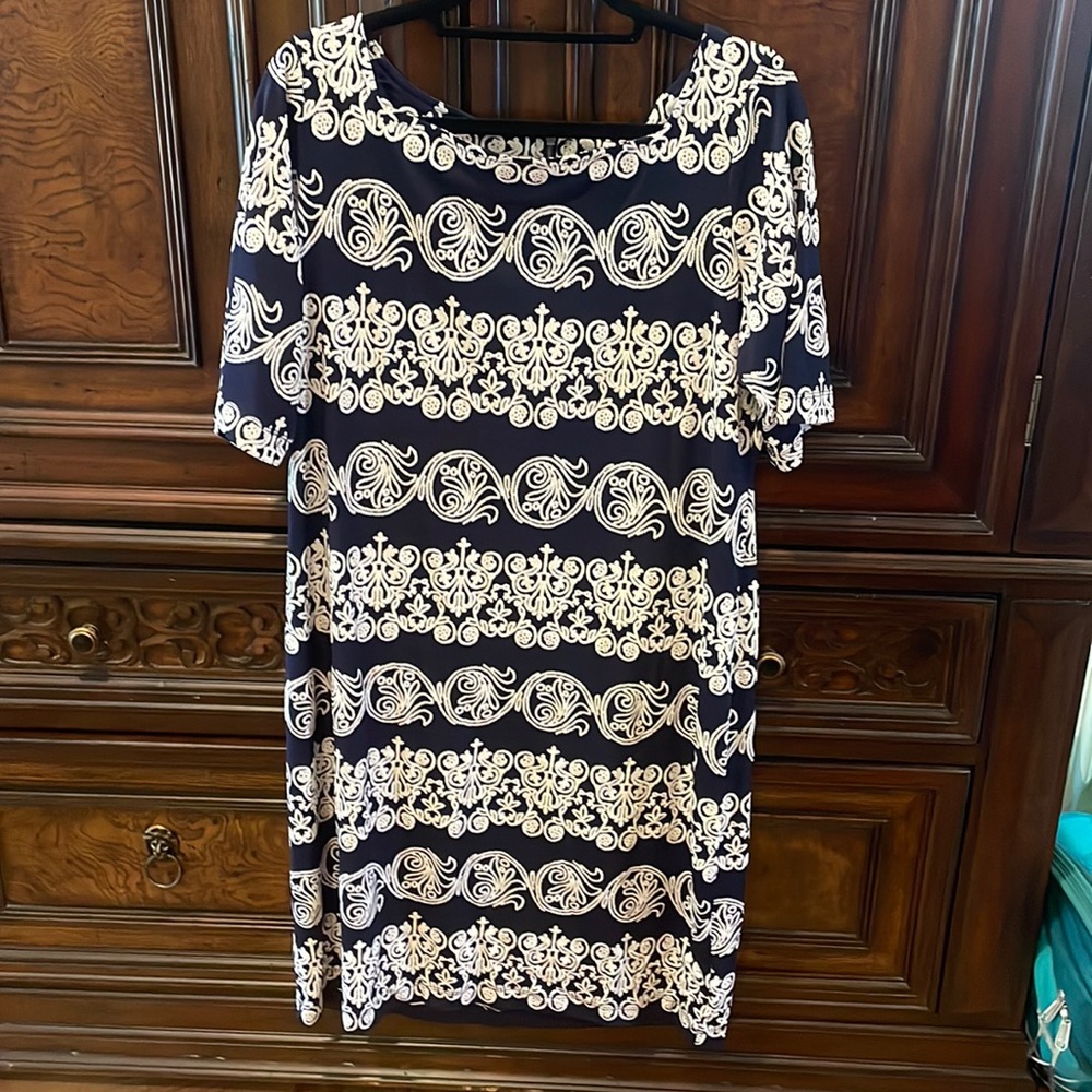 Plus size, size 14W, blue and white dress